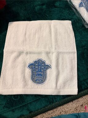 White Embroidered Hamsa Hand Towel Blue Gold Spiritual Boho Decor Cotton Terry